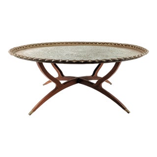 Vintage Brass Moroccan Tray Coffee Table With Modern Folding Legs. For Sale