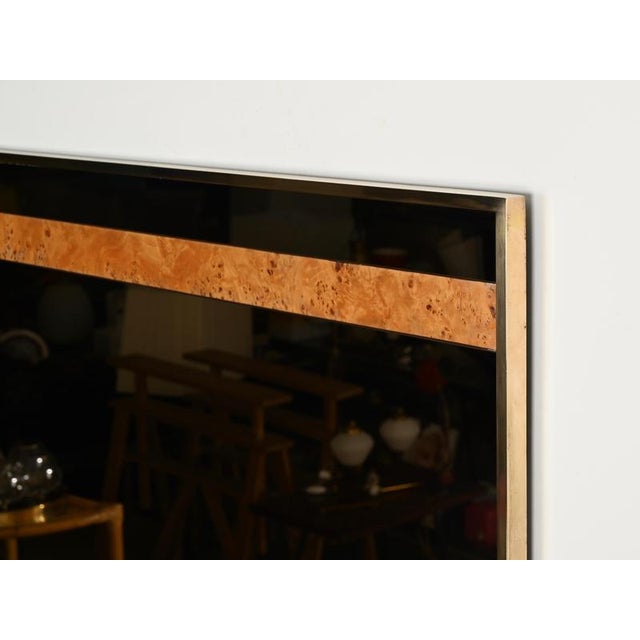 Large Smoked Glass, Poplar Burl and Brass Mirror by Romeo Rega for Nazaret, Italy, 1970s For Sale - Image 12 of 15