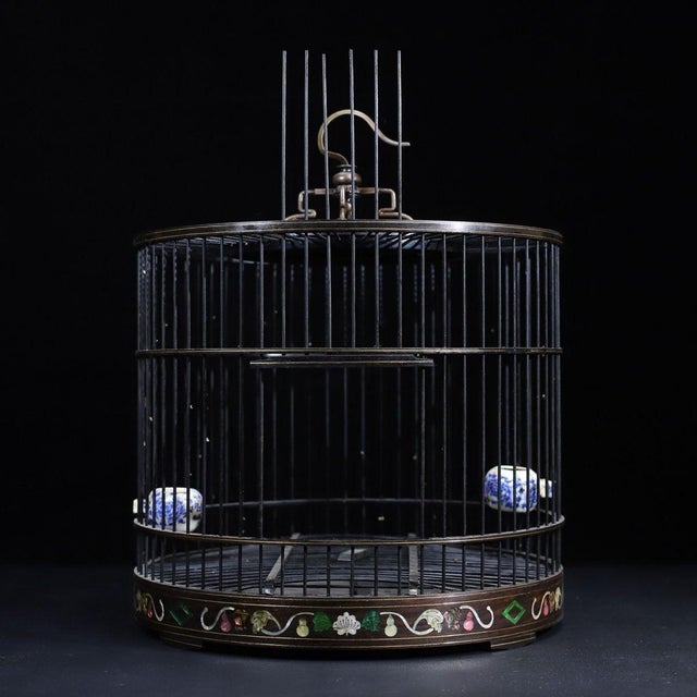 Late 19th Century Dark Wood Birdcage With Mother-of-Pearl Inlay and Porcelain Cups For Sale - Image 4 of 10
