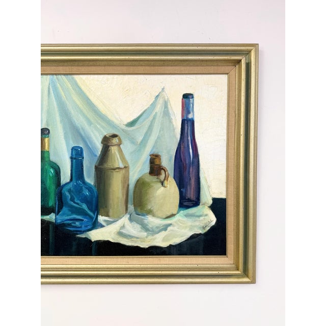 Textile Vintage Original Oil Painting Still Life Bottles Jugs, Framed Art, Canvas, Blue For Sale - Image 7 of 11