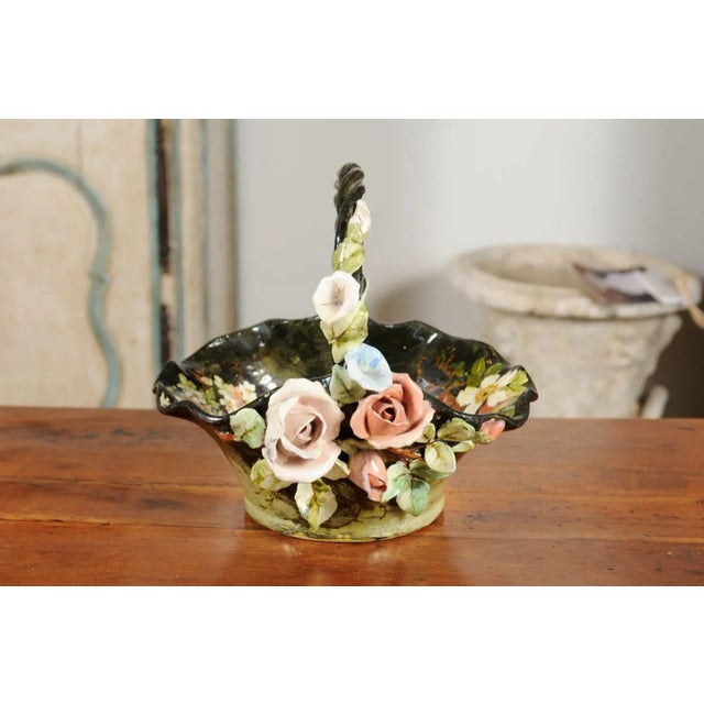 French 19th Century French Barbotine Jardinière Basket with High Relief Pastel Flowers For Sale - Image 3 of 11