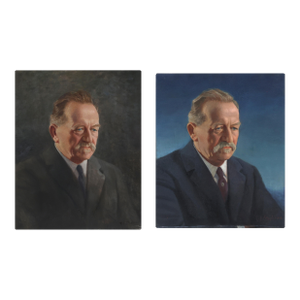 Set of Two Grim and Not So Grim Portrait Paintings of a Businessman