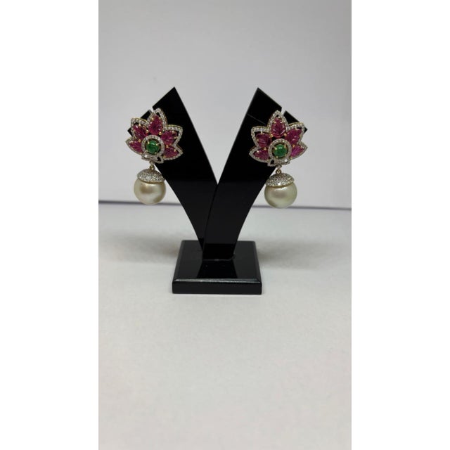 Natural Ruby, Emerald, Pearl, & Diamond Earring in 14k Gold For Sale In New York - Image 6 of 8