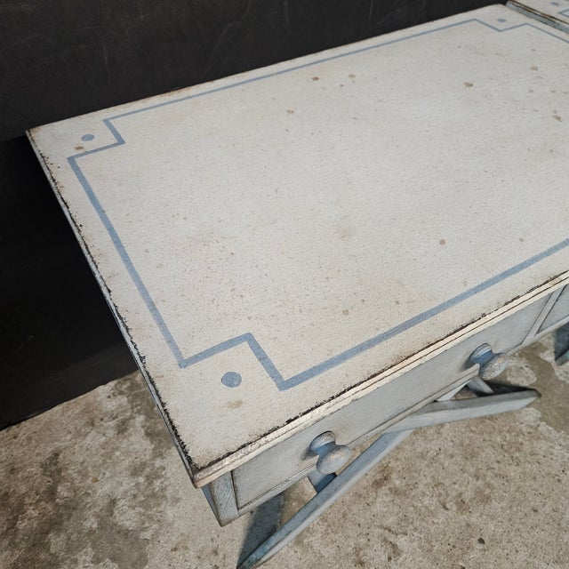 Mid 20th Century Pair of Blue Painted Single Drawer X Frame Side Tables With Blue Accent Line on Top For Sale - Image 15 of 15