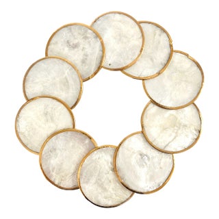 Vintage Capiz Shell Hollywood Regency Brass Coasters - Set of 10 For Sale