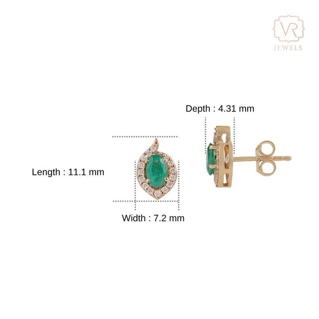 VRJewels Natural Zambian Emerald Studs With Halo Diamonds in 14k Yellow Gold- A Pair For Sale - Image 11 of 16