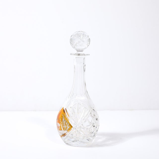 1970s Mid-Century Modernist Cut Crystal Decanter W/ Engraved Naturalist Scene in Amber For Sale - Image 5 of 18