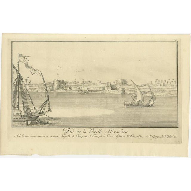 Old Alexandria Harbor, Antique Egypt Engraving by Norden & Tuscher, 1755 This panoramic harbor view presents Old...