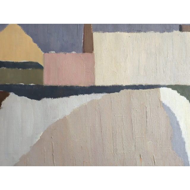 Textile Mid-Century Modern 'Pastel Settlement' Swedish Abstract Landscape Oil Painting, Framed For Sale - Image 7 of 11