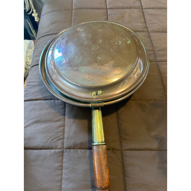 Farmhouse Antique 19th Century Copper & Brass Bed Warmer With Turned Wood Handle For Sale - Image 3 of 5
