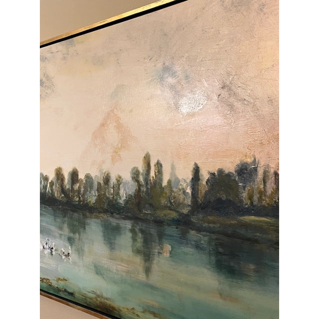 Mountain Landscape With Lake and Ducks Oil Painting, Gold Gilt Frame. For Sale - Image 4 of 9