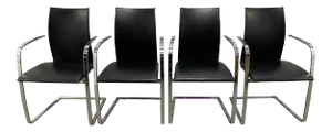MCM Postmodern Maurice Villency Leather & Chrome Steel Dining Side Armchairs - Set of 4