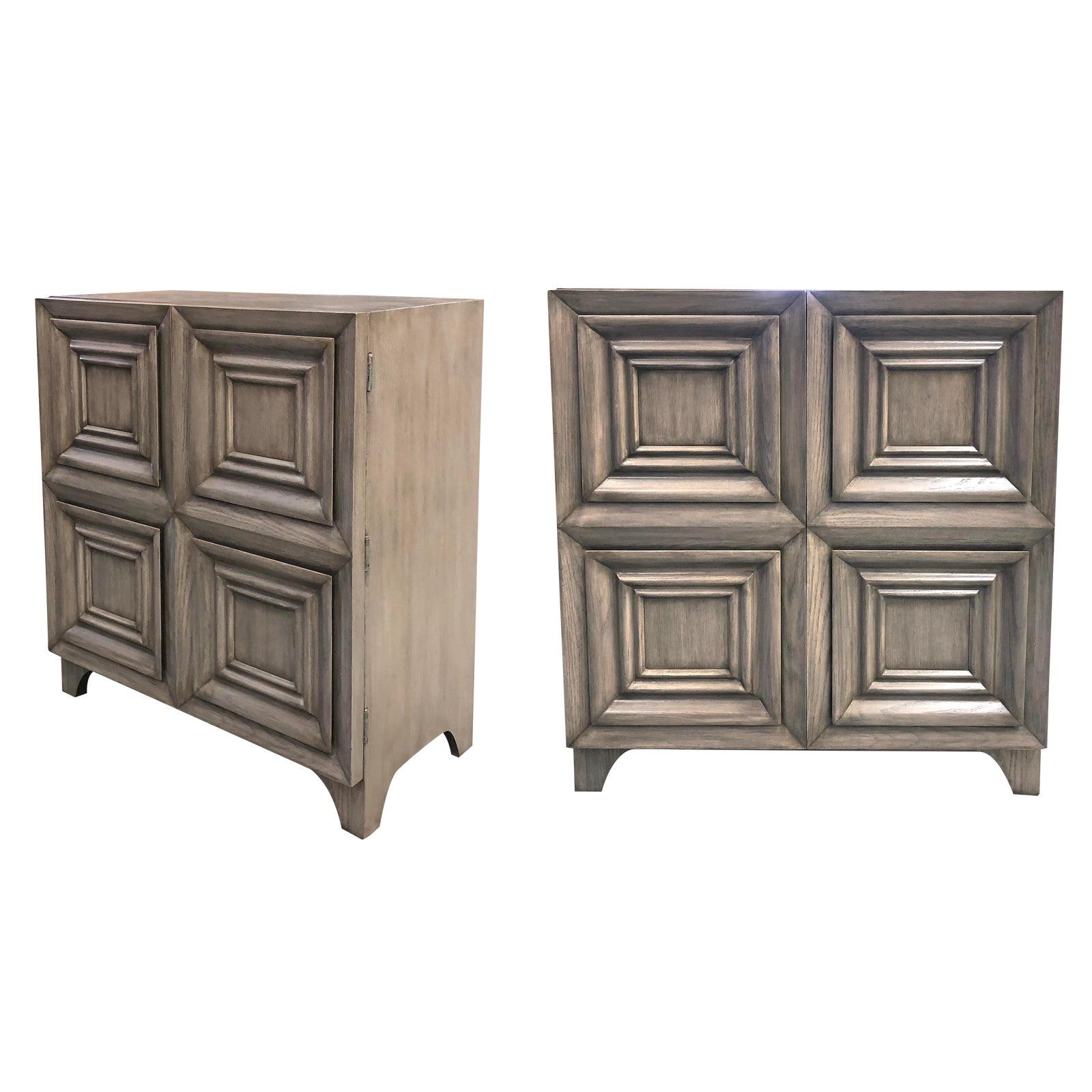 A Handsome Pair Of American Mid Century Solid Gray Cerused Oak Dressing Cabinets With Coffered Bi Fold Doors Chairish