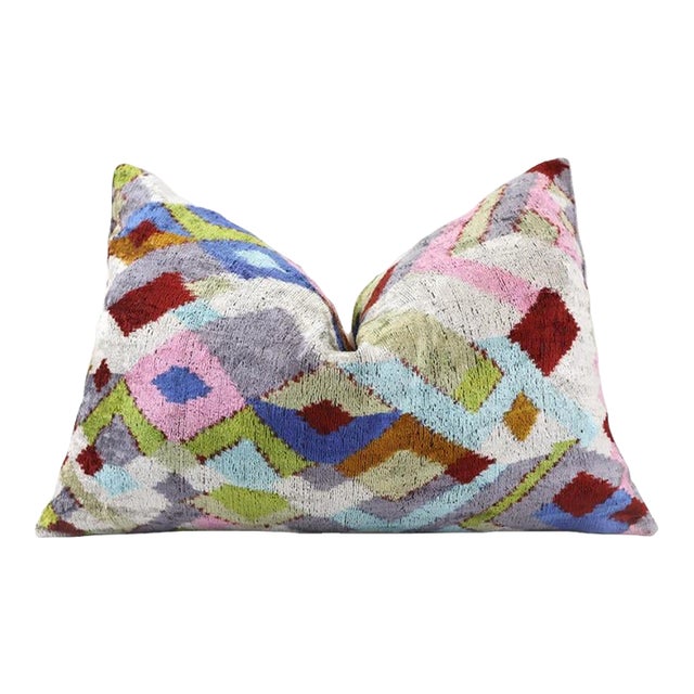 Luxury Multicolor Diamond Silk Velvet Throw Pillow 16x24 – Handmade Geometric Lumbar Cushion For Sale