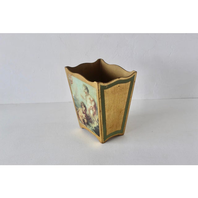 Textile Italian Florentine Gold Gilt Finish Decoupage Cherubs Wastebasket Vintage Mid-Century For Sale - Image 7 of 13