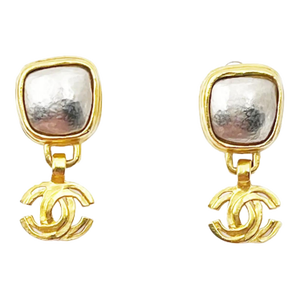 Chanel Vintage Gold Plated Square Silver Stone CC Clip on Earrings, A Pair