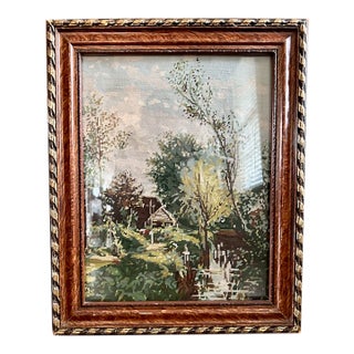 Framed Vintage Needlepoint House Along Stream For Sale