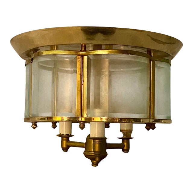 Vintage Solid Brass and Glass Rosette Flush Mount Light Fixture For Sale