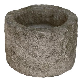 19th Century Hand-Carved Round Stone Mortar ~ Jardiniere ~ Planter For Sale