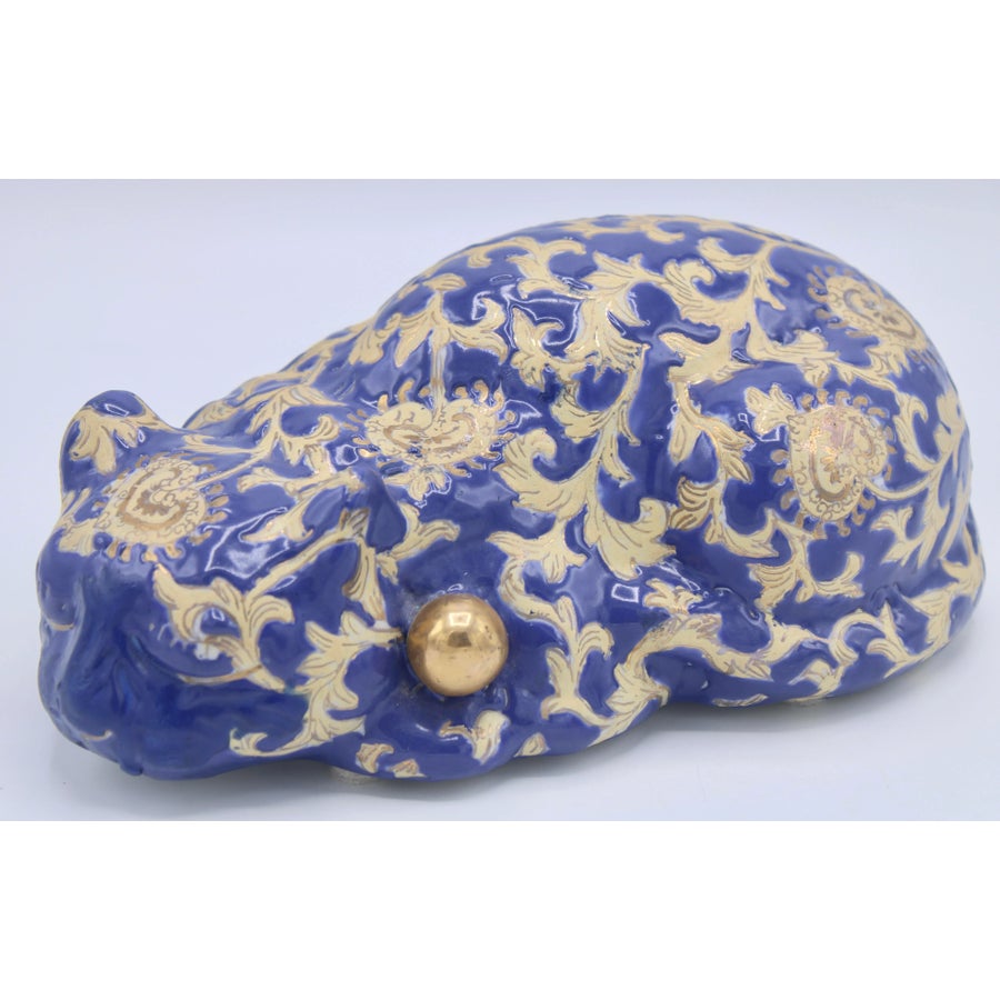 Vintage Asian Blue and Gold Ceramic Sleeping Cat | Chairish