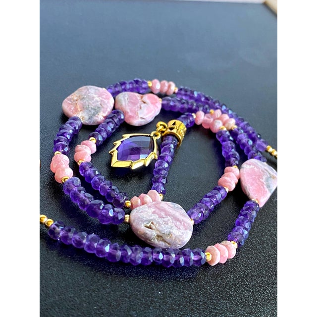 Artisan Amethyst Pendant Necklace With Genuine Argentine Rhodochrosite and Gilded Accents For Sale - Image 11 of 18
