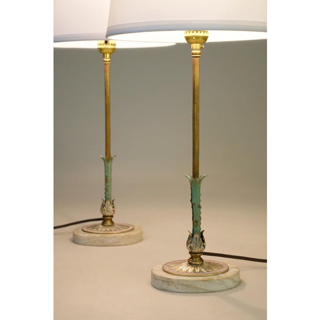 1930s Matched Pair Art Deco French Empire Ornate Brass Travertine Marble Candlestick Table Lamps For Sale - Image 4 of 10