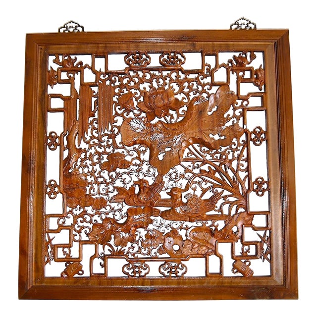 Antique Camphor Wood Screen Chinese Jumu Panel Lotus and Birds Openwork For Sale