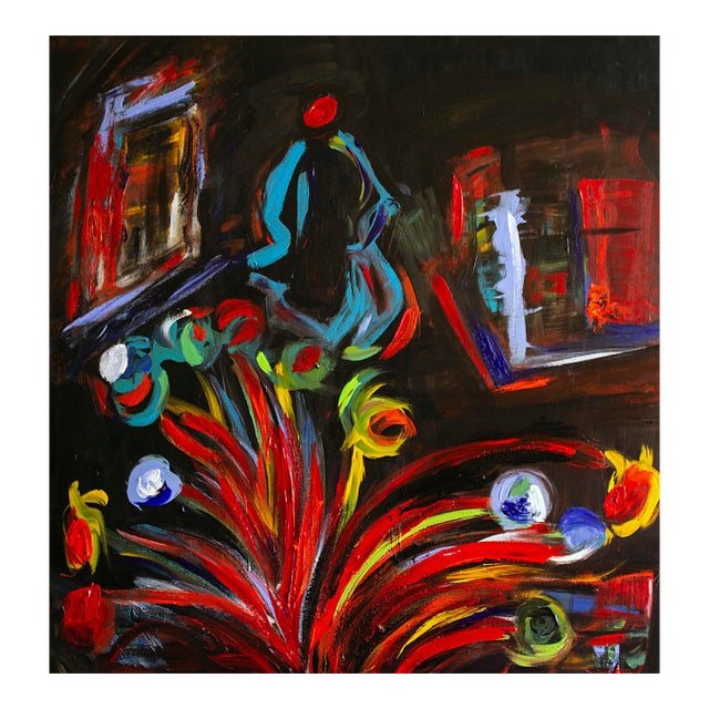 Blue Man and Flowers — Abstract Expressionist Painting, Acrylics on Canvas, 36 × 36 In For Sale