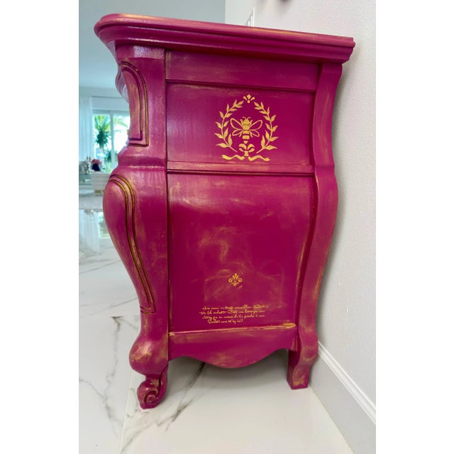 French Provincial Hand-Painted Rococo Revival Chest in Magenta and Gold For Sale - Image 3 of 10