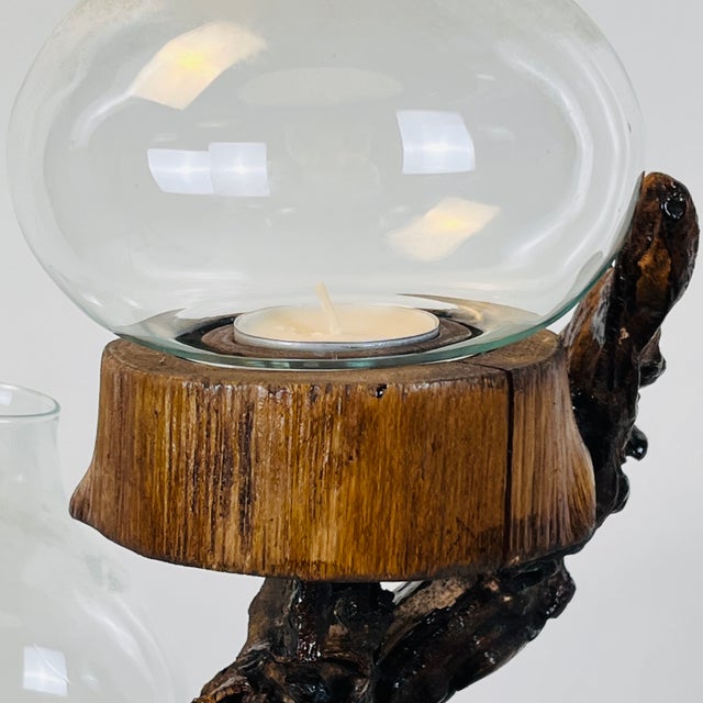 Large varnished driftwood and hurricane glass candelabra. Glass globes are removable to add tea lights and cleaning.