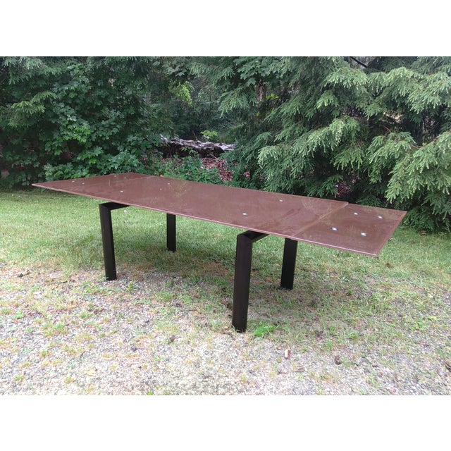 1990s Expandable Custom Made Chocolate Brown Glass Table With Black Chrome Metal Base For Sale - Image 10 of 11