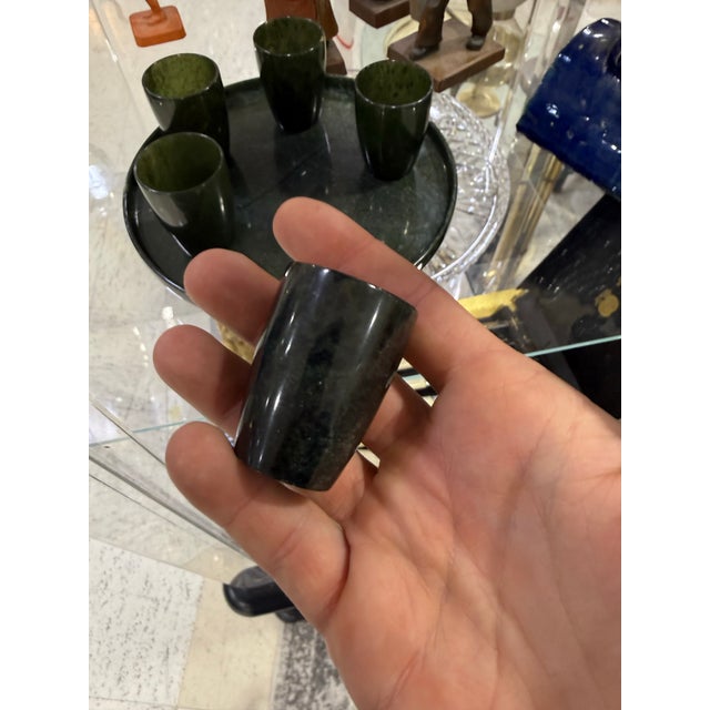 Traditional Vintage Set of Four Translucent Spinach Jade Cups and Tray For Sale - Image 3 of 4