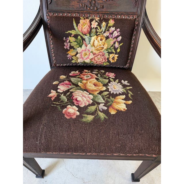 Antique French Neoclassical Carved Mahogany Armchair With Floral Needlepoint Upholstery For Sale In Miami - Image 6 of 13