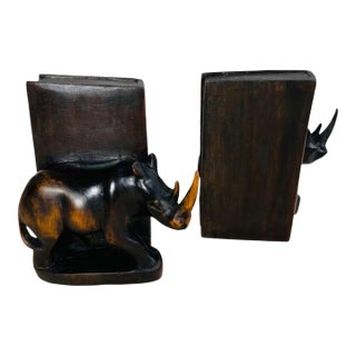 Pair of Antique Carved Wooden Rhinoceros Bookends, Ebonized Finish. For Sale