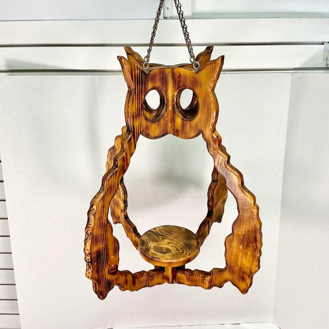 Folk Art 1970s Vintage Boho Chic Folk Art Burnt Pine Owl Hanging Planter. For Sale - Image 3 of 12