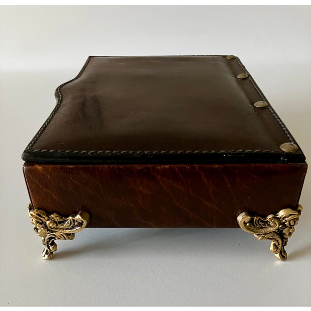 Brown Vintage Italian Florentine Tooled Leather Valet Jewelry Box With Ornate Brass Feet For Sale - Image 8 of 18