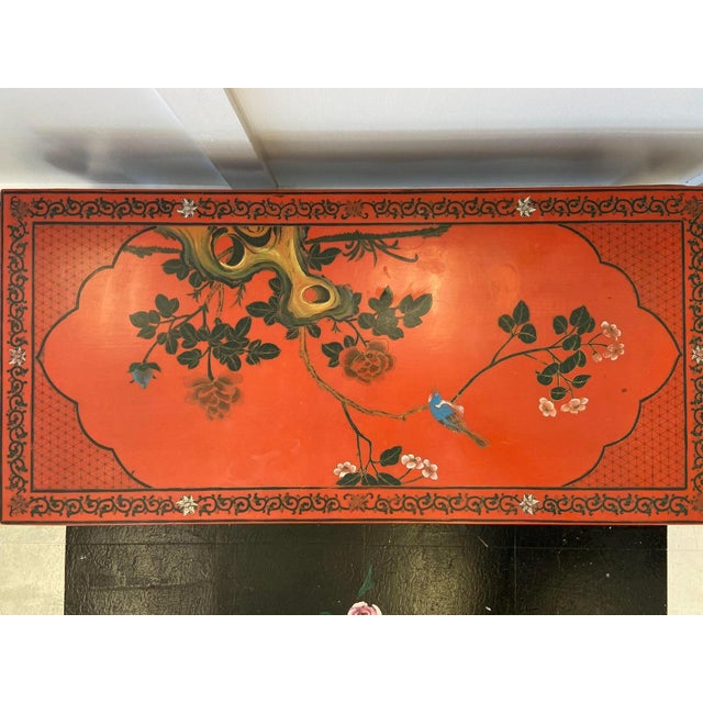 Chinese Red Lacquer & Hand Painted Oriental Cocktail Table For Sale - Image 3 of 7