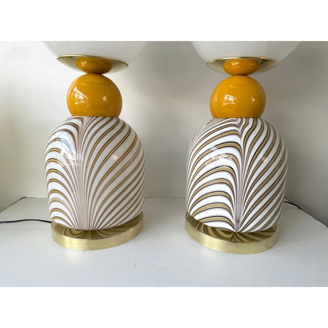Contemporary Pair of Brass and Berlingo Stripe Murano Glass Lamps, Italy For Sale - Image 11 of 11