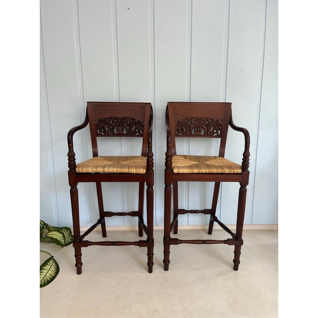 1990s Pair of Mahogany Counter Stools-Woven Rush Seat-Ornate Carving Back-High Quality Special Armchairs For Sale - Image 4 of 11