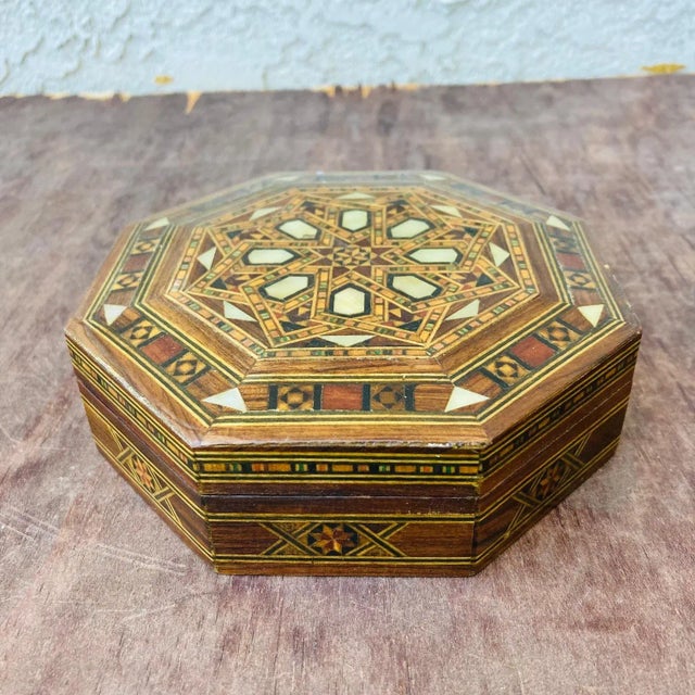 Vintage Moroccan Marquetry Inlay Wood Jewelry Box For Sale - Image 11 of 11