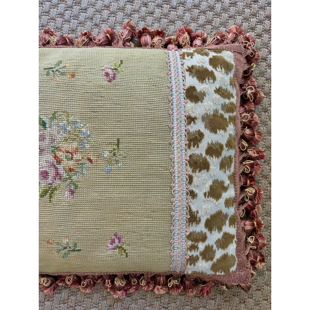 Late 20th Century French Aubusson Style Needlepoint Pillow With Pom Pom Fringe For Sale - Image 5 of 7