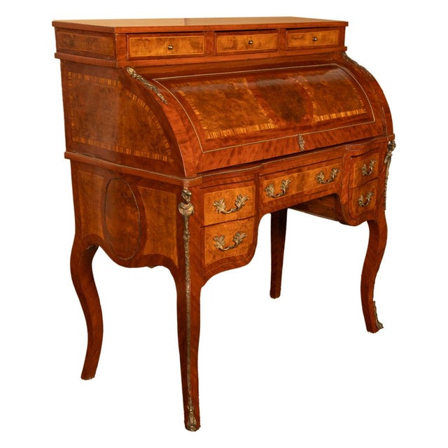 Antique French Louis XV Cylinder Marquetry & Ormolu Bureau Writing Desk 1880 For Sale - Image 14 of 17