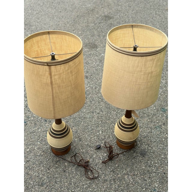 1960s Mid-Century Drip Pottery Table Lamps With Shades - a Pair For Sale - Image 4 of 12