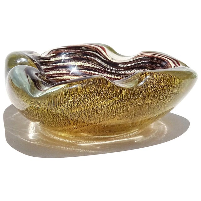 Murano Dark Purple Swirling Pattern Heavy Gold Flecks Vintage Italian Art Glass Bowl Catchall Ashtray For Sale In Orlando - Image 6 of 11