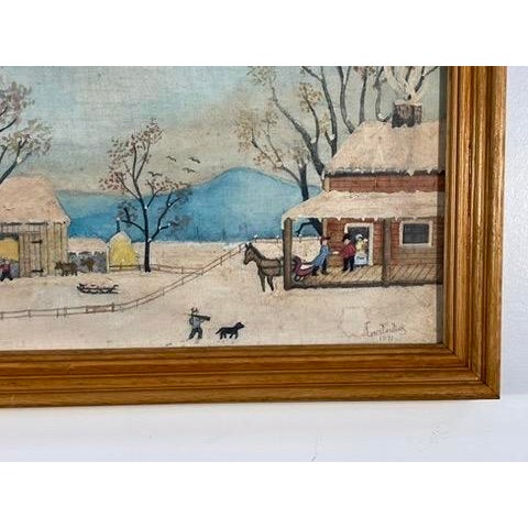 Charming 1971 folk art winter farm scene signed Constantine. The painting captures a nostalgic snowy homestead: a log...