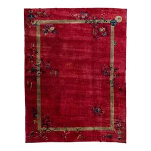 Red Antique Art Deco Handmade Floral Designed Chinese Wool Rug