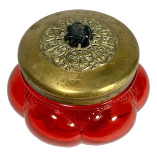 Antique Ruby Glass Bonbonniere: Filigree Brass Lid, Cameo Decor For Sale