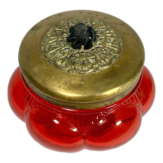 Antique Ruby Glass Bonbonniere: Filigree Brass Lid, Cameo Decor For Sale