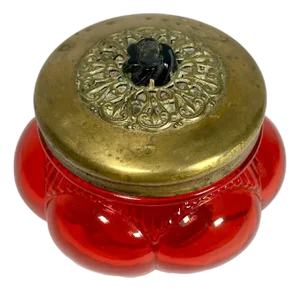 Antique Ruby Glass Bonbonniere: Filigree Brass Lid, Cameo Decor
