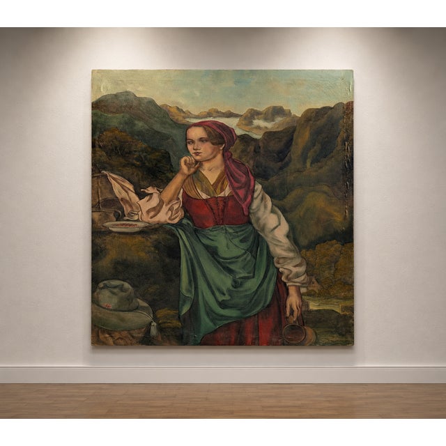 Large Painting – Girl in Traditional Costume in an Alpine Landscape Impressive large-scale romantic genre scene depicting...